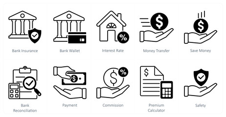 A set of 10 Mix icons as bank insurance, bank wallet, interest rate