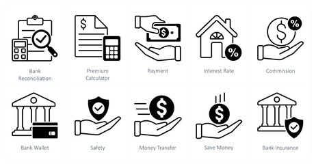 A set of 10 Mix icons as bank reconcillation, premium calculator, payment