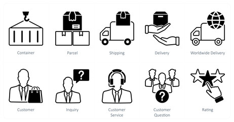 A set of 10 Mix icons as container, parcel, shipping