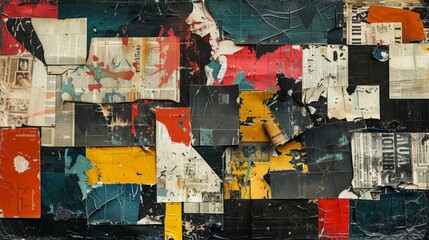 Abstract Street Art Collage with Torn Newspaper and Colorful Paint Layers on Weathered Wall