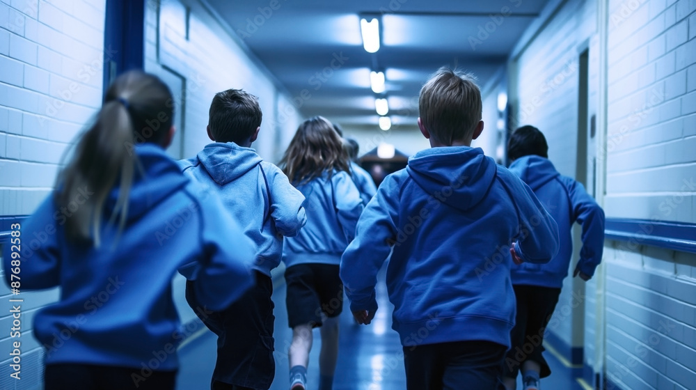 Sticker Group of children in blue hoodies running down a school hallway with brick walls and fluorescent lighting.