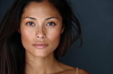 Naklejka premium Thoughtful asian woman with dark hair
