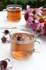 Natural echinacea alternative herbal tea. Used to treat coughs colds, flu and bronchitis with flower head and leaf spring on  light table. Side view.