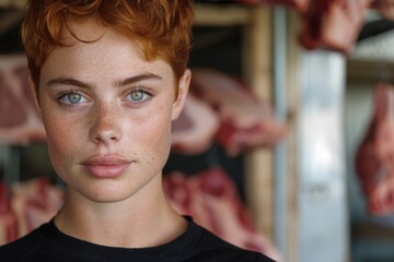 Pensive young woman with freckles and blue eyes