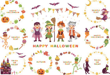 Fototapeta premium ハロウィーン 仮装をした子供たち イラスト素材 丸フレームセット