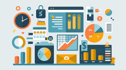 Flat design illustration of a financial planning dashboard showing an overview of personal finances. The image features icons of income, expenses, debts, and savings, providing a clear visual of