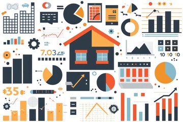 Obraz premium Flat design illustration depicting an investment portfolio review. The image features icons of stocks, bonds, and real estate, with graphs and charts showing investment performance. Ideal for
