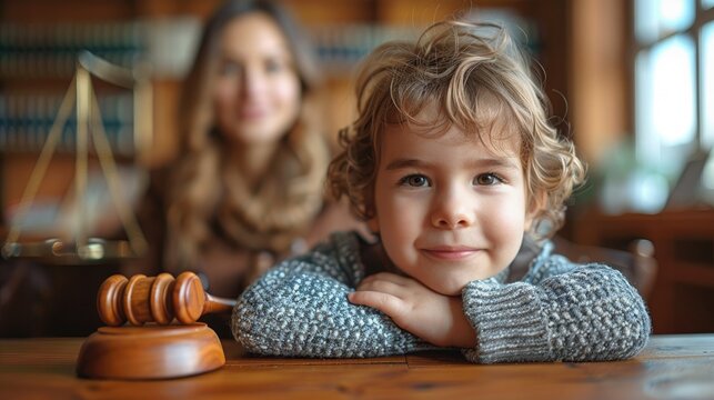 Cute child and mother at table with gavel of judge blurred in background, family law concept