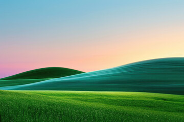 Obraz premium The image shows a green rolling hills landscape at sunset with a clear blue sky.