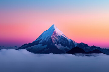 The majestic mountain is covered with snow. The sky is painted in pink and blue colors.