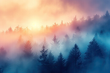 The picture shows a beautiful landscape with a forest in the morning mist