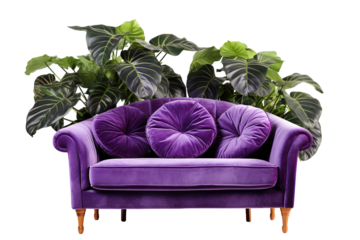 A Plush Purple Sofa Nestled Among Lush Green Leaves. on a White or Clear Surface PNG Transparent Background.