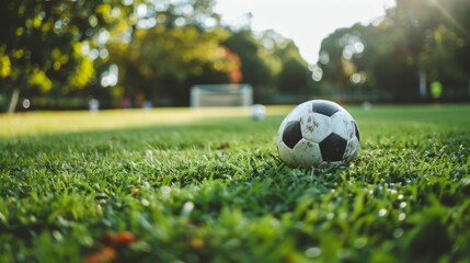 Obraz premium Focus Photo of a Football on Green Grass with Copy Space