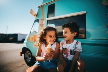 Fototapeta premium Brazilian kids enjoying ice cream vehicle summer child.