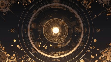 Abstract Futuristic Digital Art with Intricate Geometric Patterns and Golden Accents on a Dark Background