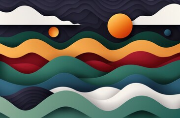 abstract landscape with mountains, sun, and moon