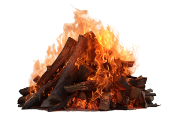A Blazing Bonfire of Logs and Flames Against a White Background. on a White or Clear Surface PNG Transparent Background.