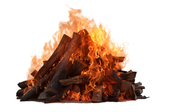 A Blazing Bonfire of Logs and Flames Against a White Background. on a White or Clear Surface PNG Transparent Background.