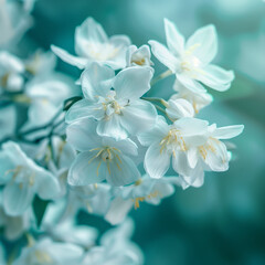 Obraz premium A detailed close-up of delicate white flowers in full bloom, capturing their purity and elegance, symbolizing new beginnings and the beauty of nature during the blooming season.