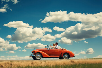 Fototapeta premium Photo of couple driving in red vintage car on countryside.