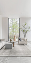 Naklejka premium Minimalist living room interiors in neutral colors and minimal furniture. Residential Real Estate interiors design Japanese composition.