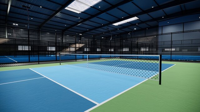 Empty pickleball tennis court with blue and green color