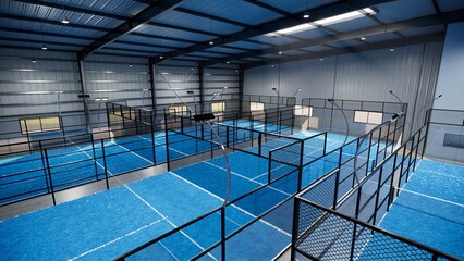 A blue padel tennis court with a blue net