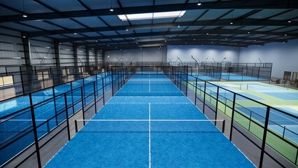 A blue and green padel and pickleball tennis court with a blue net