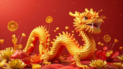 A vibrant golden dragon amidst a festive backdrop with floating flowers and ornaments