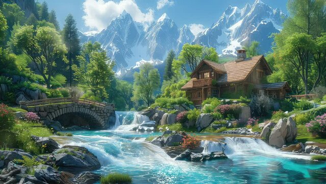 Animation Scenic mountain cabin by a flowing river landscape generated with ai