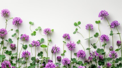 purple clover flowers with clover leaves on white background