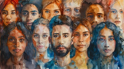 Fototapeta premium large multi-ethnic group of people looking at the camera watercolor art Concept of teamwork, democracy, happy people, pride, fairness