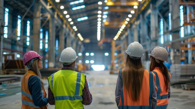 Professionals meeting with a construction manager in an empty warehouse