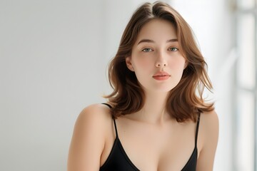 Elegant and Thoughtful Young Woman in Black Dress Posing for Portrait