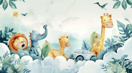 Obraz premium Watercolor illustrations of adorable safari animals on clouds, lions, and dinosaurs driving cars. Cute baby safari animal banner.