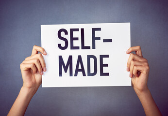 Hands, mockup and poster for social media in studio with self made, branding or advertising. Gray...