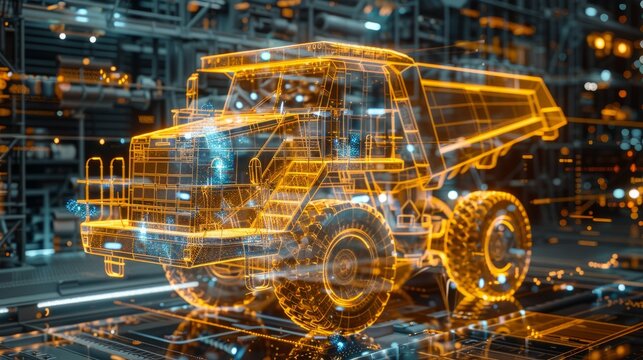 3D X-ray of advanced mining tools and vehicles, vibrant and clear