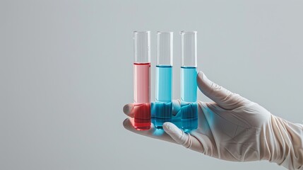 hand in a medical glove holds test tubes with colored liquids