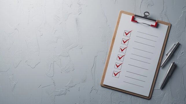 clipboard with a rules checklist and red checkmarks, against a clean light grey background