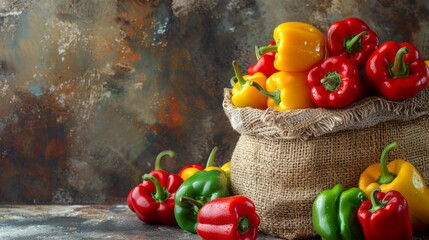 rustic burlap sack brimming with colorful assorted bell peppers