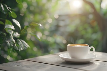 Cup of Coffee Resting on Wooden Table in Peaceful Outdoor Setting with Nature