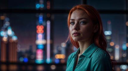 Obraz premium Woman with Fiery Red Hair and Mesmerizing Blue Eyes