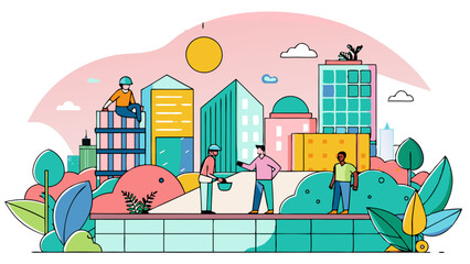 Fototapeta premium Urban Development and Construction Workers in a Colorful Cityscape