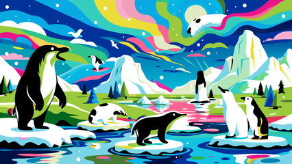 Polar Bears and Penguins in a Vibrant Arctic Ecosystem Illustration
