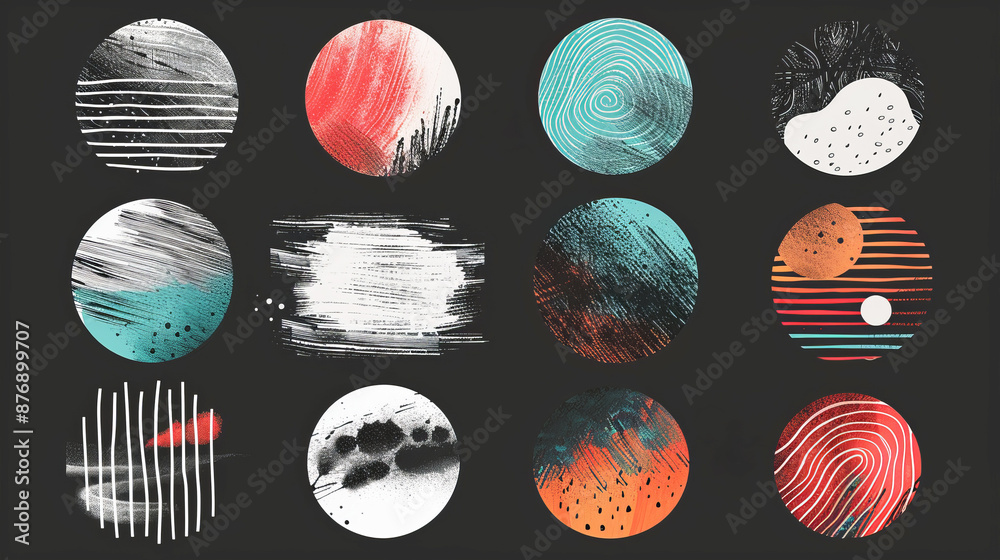 Wall mural abstract scribble elements in various circle shapes on a black background