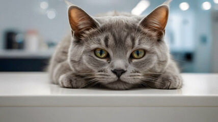 British Shorthair Cat on a white kitchen counter