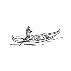 An Italian gondola drawn by hand in a sketch style in black vector. Punting man on the rivers of Venice. Ride on vacation European city.