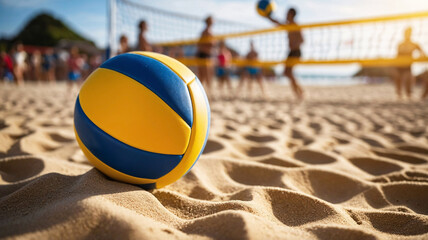 Beach volleyball sport. Close up of ball on the beach with volleyball net and players in the background, summer sport - Powered by Adobe