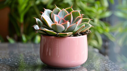 Charming succulent plant in a stylish pink pot on a shiny surface with a green background