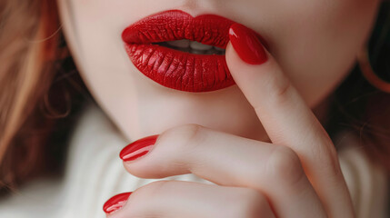 Fototapeta premium Young woman with painted lips and red manicure